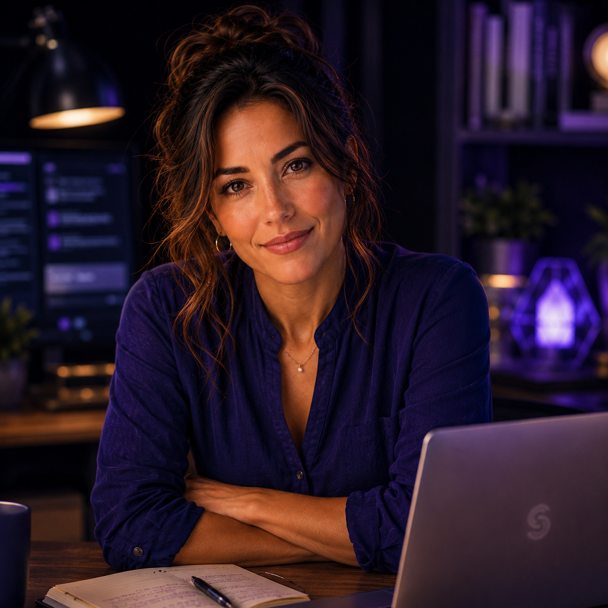 Sera seated at a laptop as an AI organizational operator