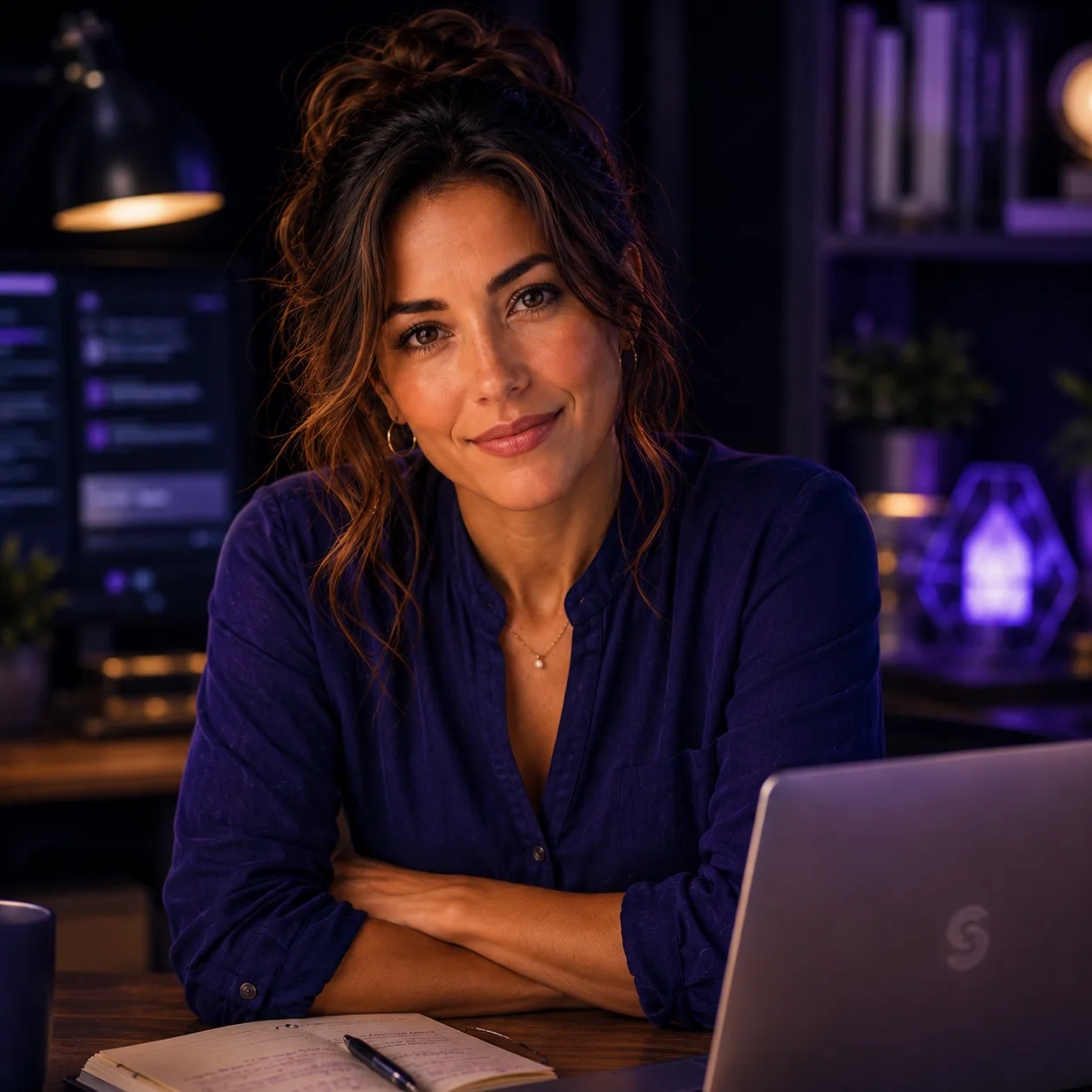 Sera seated at a laptop as an AI organizational operator